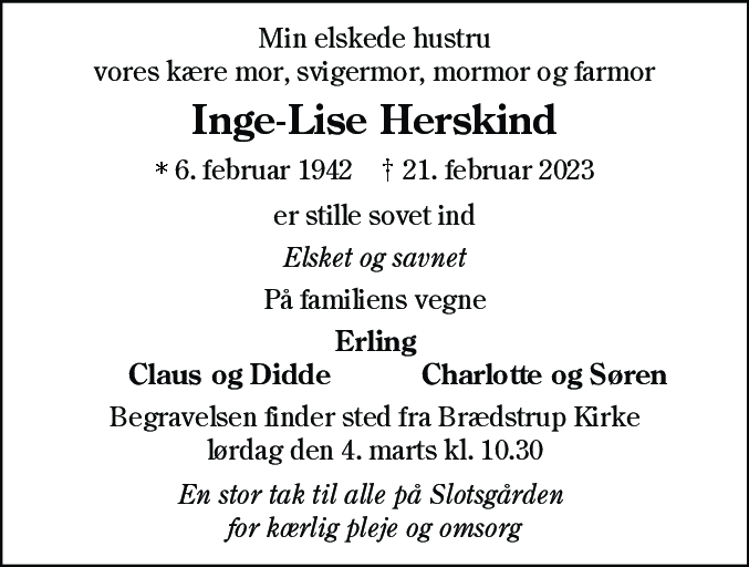 Dødsannonce for Inge-Lise Herskind