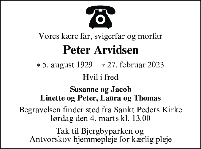 Dødsannonce for Hans Peter Bøje Arvidsen
