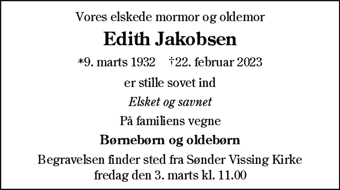 Dødsannonce for Edith Jakobsen