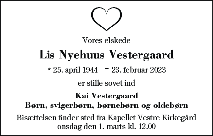 Dødsannonce for Lis Henriksen Vestergaard