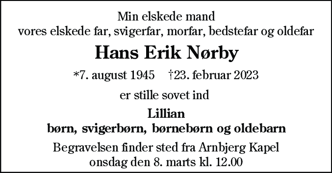 Dødsannonce for Hans Erik Nørby