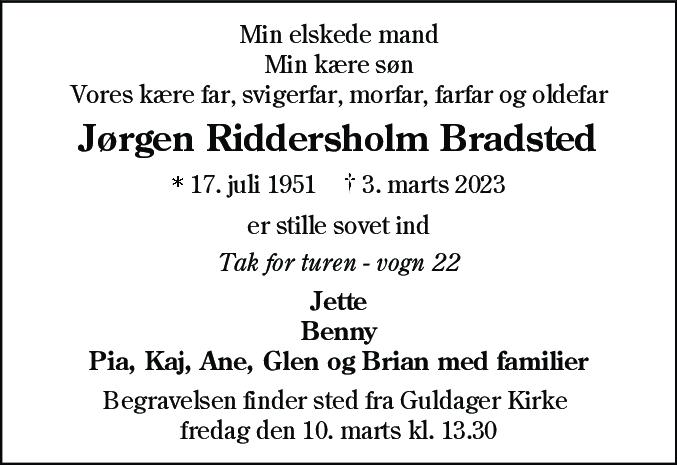 Dødsannonce for Jørgen Riddersholm Bradsted