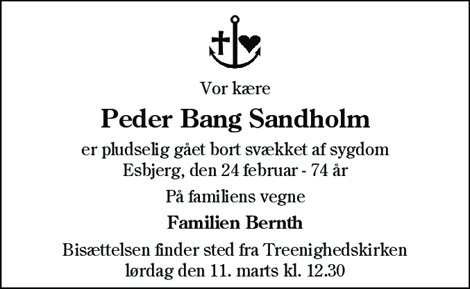 Dødsannonce for Peder Bang Sandholm