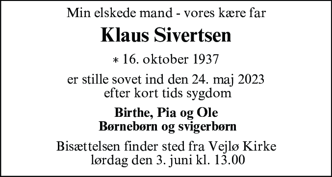 Dødsannonce for Klaus Sivertsen