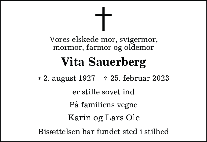 Dødsannonce for Vita Sauerberg