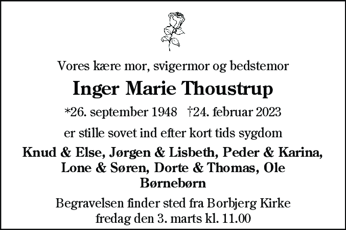 Dødsannonce for Inger Marie Thoustrup