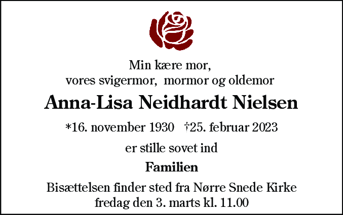 Dødsannonce for Anna-Lisa Neidhardt Nielsen