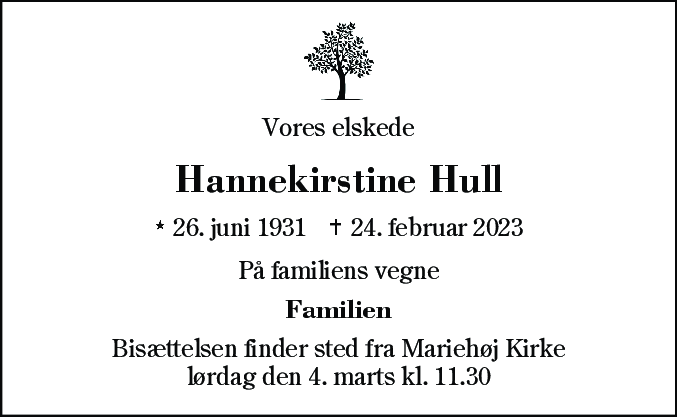 Dødsannonce for Hannekirstine Hull