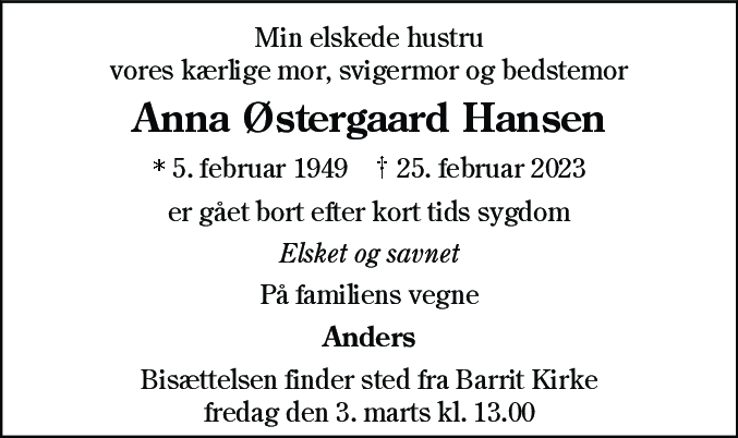 Dødsannonce for Anna Østergaard Hansen