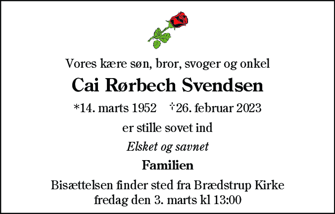 Dødsannonce for Cai Rørbech Svendsen