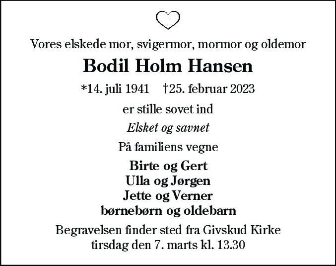 Dødsannonce for Bodil Holm Hansen