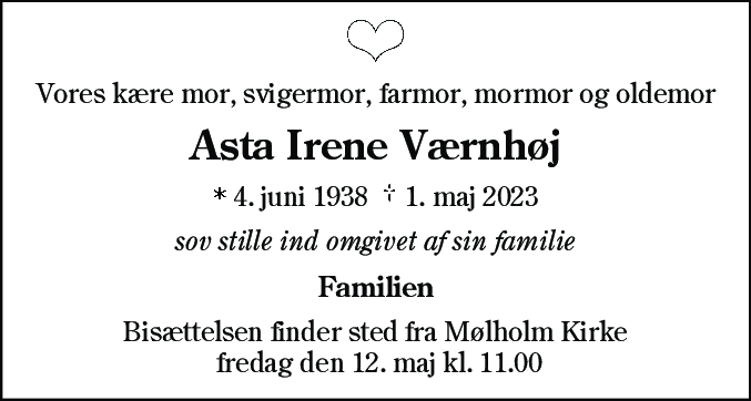 Dødsannonce for Asta Irene Værnhøj