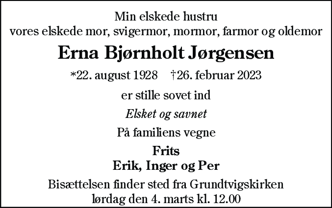 Dødsannonce for Erna Jørgensen