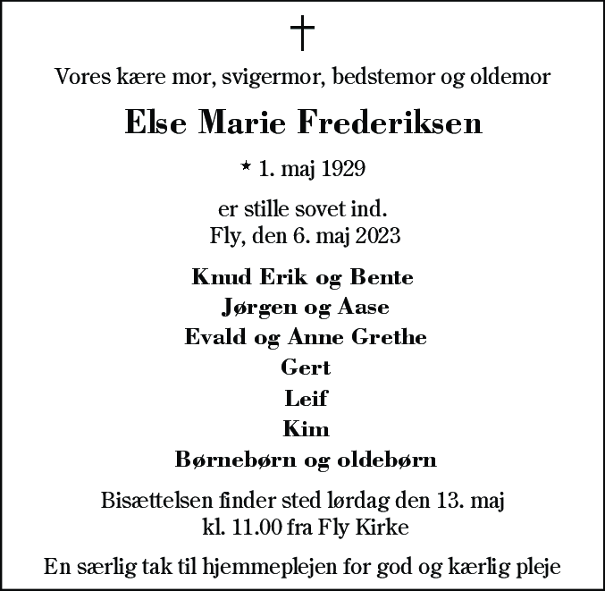 Dødsannonce for Else Marie Frederiksen