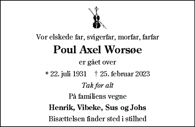 Dødsannonce for Poul Axel Worsøe