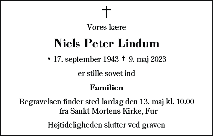 Dødsannonce for Niels Peter Lindum
