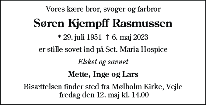 Dødsannonce for Søren Kjempff Rasmussen