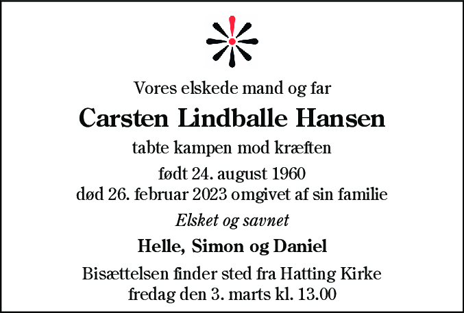 Dødsannonce for Carsten Lindballe Hansen