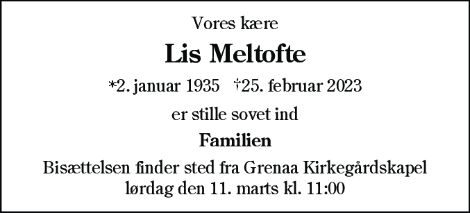 Dødsannonce for Lis Meltofte