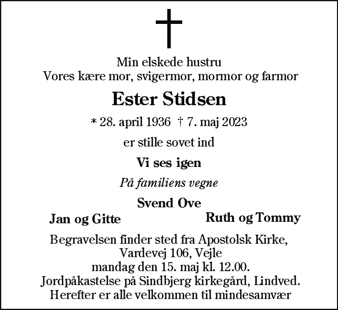 Dødsannonce for Ester Stidsen