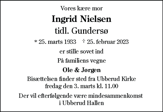 Dødsannonce for Ingrid Nielsen