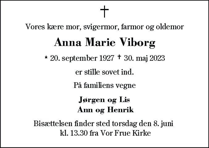 Dødsannonce for Anna Marie Viborg