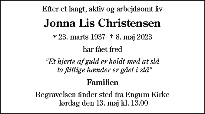Dødsannonce for Jonna Lis Christensen