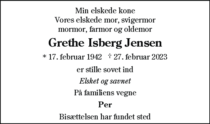 Dødsannonce for Grethe Isberg Jensen