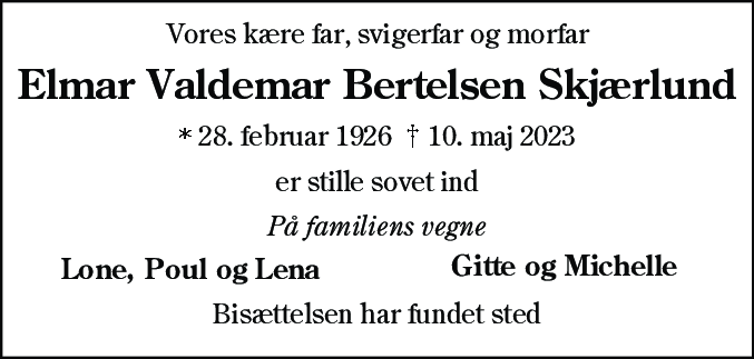 Dødsannonce for Elmar Valdemar Bertelsen Skjærlund