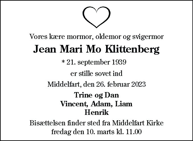 Dødsannonce for Jean Mari Mo Klittenberg