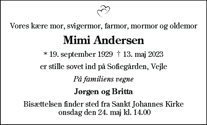Dødsannonce for Mimi Andersen