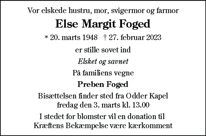 Dødsannonce for Else Margit Foged