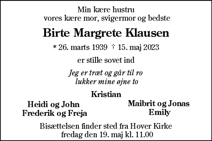 Dødsannonce for Birte Margrete Klausen