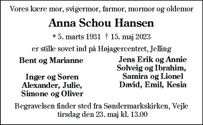 Dødsannonce for Anna Elisabeth Hansen