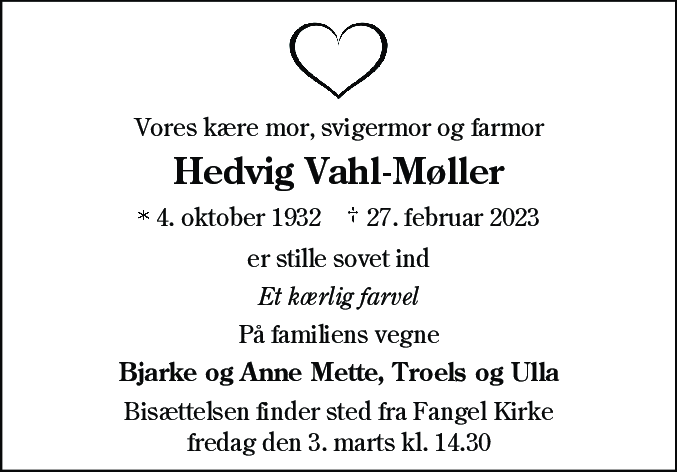Dødsannonce for Hedvig Vahl-Møller