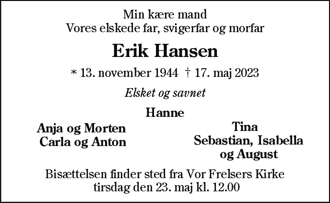 Dødsannonce for Erik Hansen