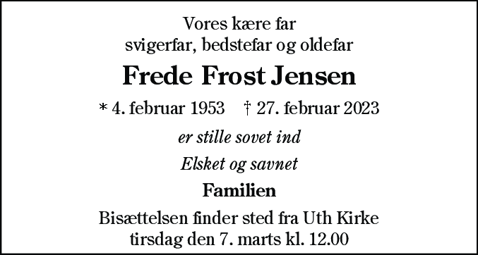 Dødsannonce for Frede Frost Jensen