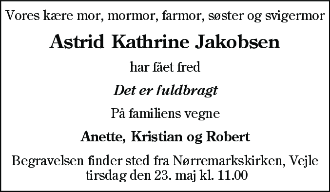 Dødsannonce for Astrid Kathrine Jakobsen