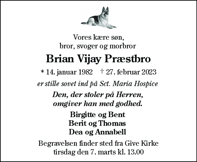 Dødsannonce for Brian Vijay Præstbro