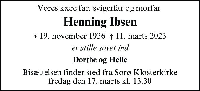 Dødsannonce for Henning Ibsen
