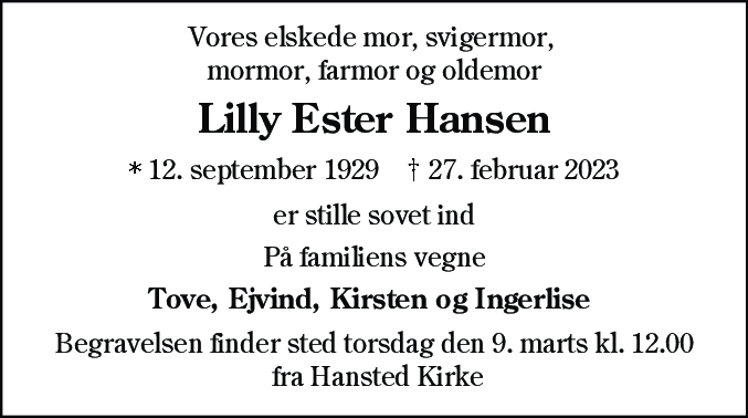 Dødsannonce for Lilly Ester Hansen