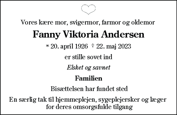 Dødsannonce for Fanny Viktoria Andersen