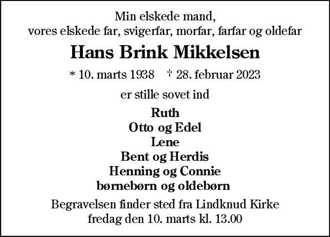 Dødsannonce for Hans Brink Mikkelsen