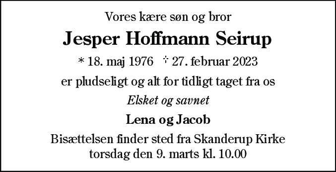 Dødsannonce for Jesper Hoffmann Seirup