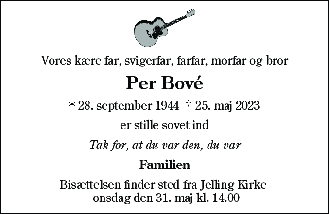 Dødsannonce for Per Bové