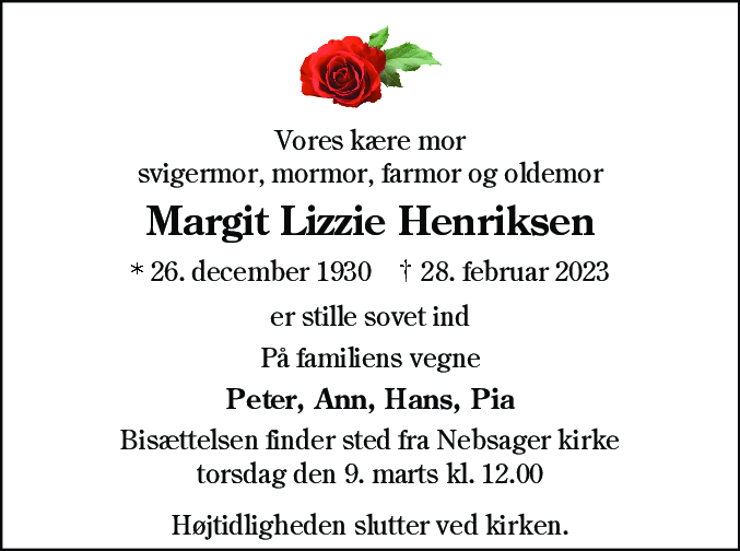 Dødsannonce for Margit Lizzie Henriksen