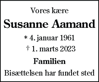 Dødsannonce for Susanne Kauslund Aamand