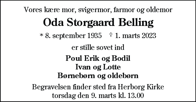 Dødsannonce for Oda Storgaard Belling