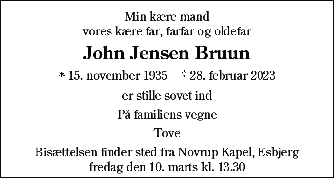 Dødsannonce for John Jensen Bruun