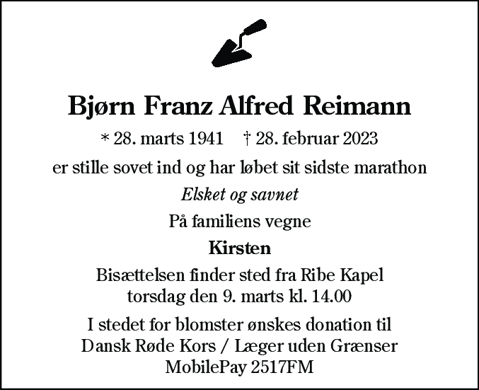 Dødsannonce for Bjørn Franz Alfred Reimann